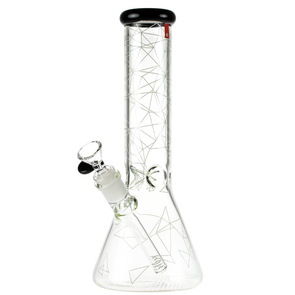 Front view of the Famous Design Space Bong - 12 in. showing a clear beaker body with thin geometric white line patterns and a black-rimmed mouthpiece.
