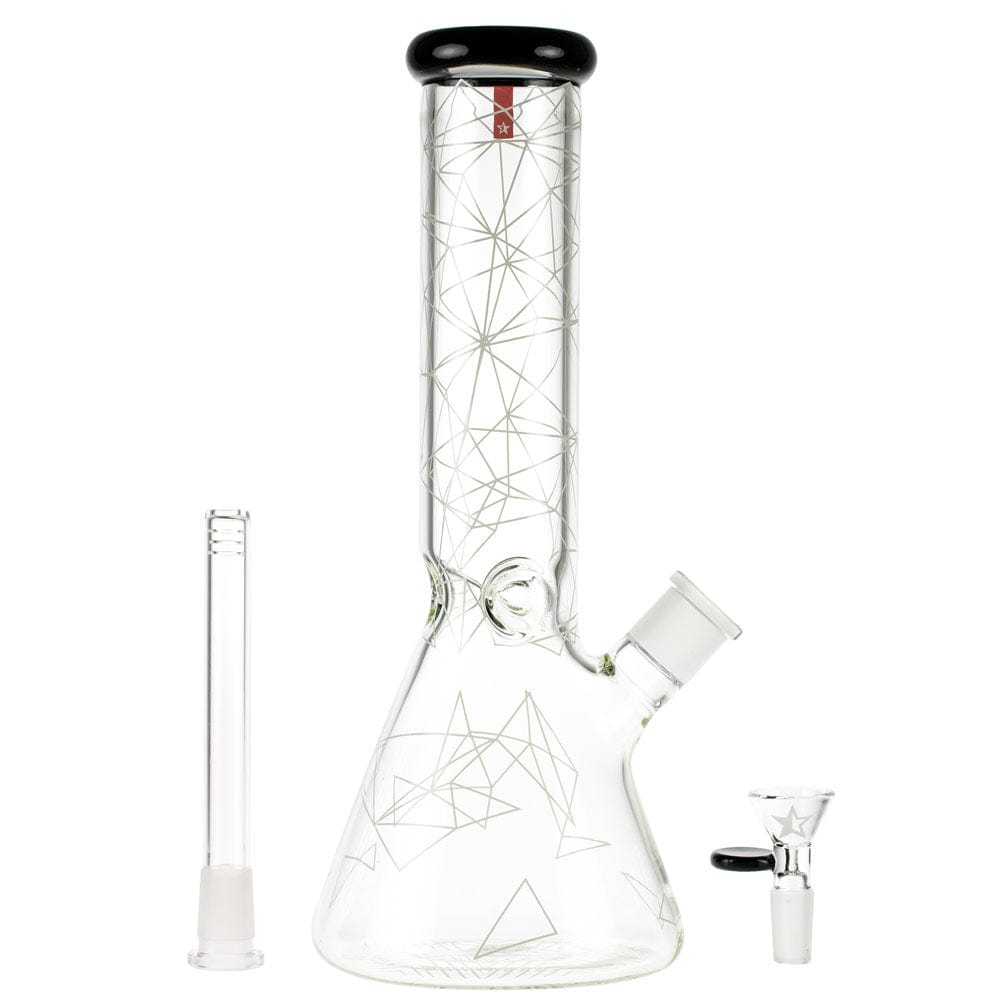 Front-facing shot of the Famous Design Space Bong - 12 in. showing a clear beaker base and tall straight neck with thin geometric line patterns and black-rimmed mouthpiece.