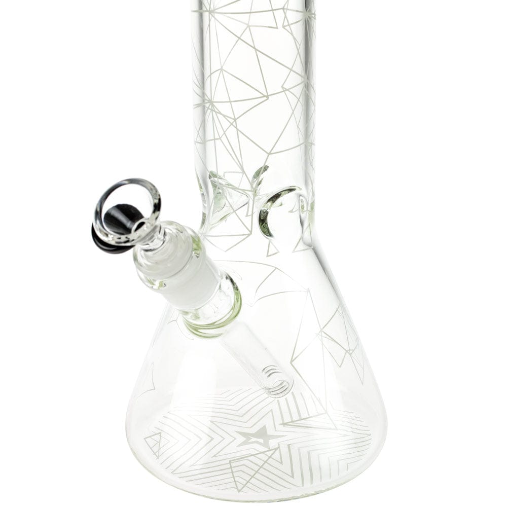 Angled close-up of the clear Famous Design Space Bong - 12 in. beaker showing geometric etched patterns and its downstem and bowl on a white background