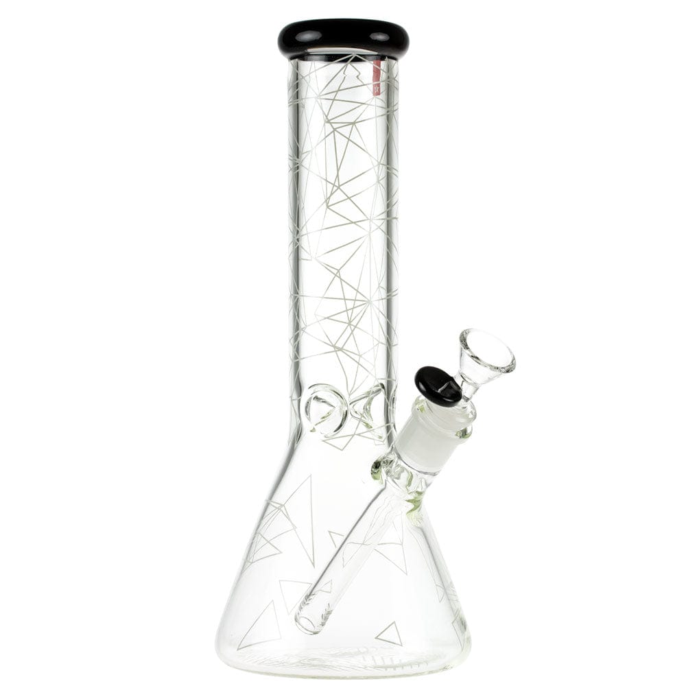 Front view of the Famous Design Space Bong - 12 in. clear beaker with black-rimmed mouthpiece and geometric line etchings.