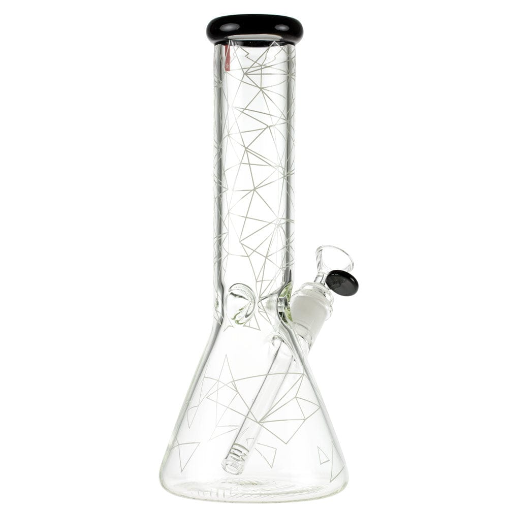 Front view of the Famous Design Space Bong - 12 in. showing a clear glass beaker with geometric white line patterns and a black-rimmed mouthpiece.