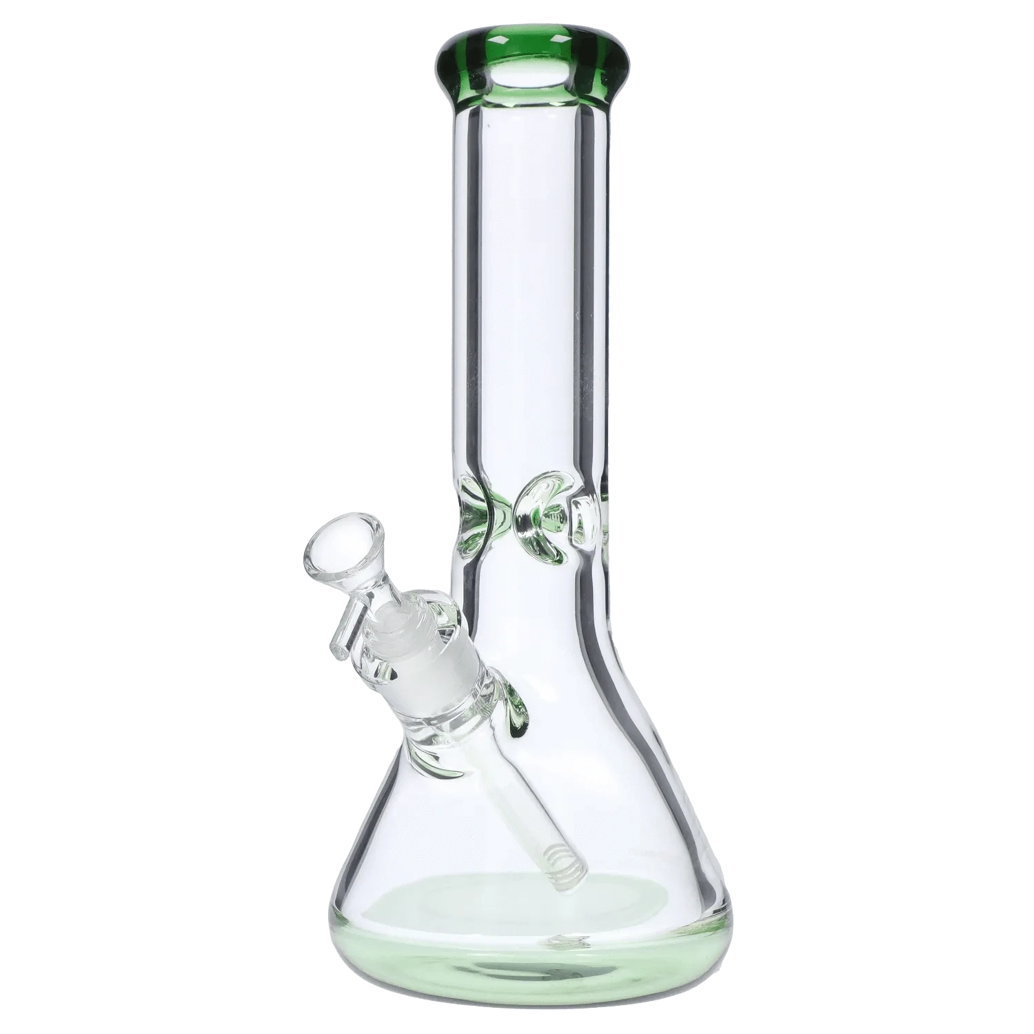 Front-facing close-up of the DHC 9mm Big Base Beaker w/ Color Accents Bong - 12 in., showing its clear glass beaker body with green-rimmed mouthpiece and angled downstem.
