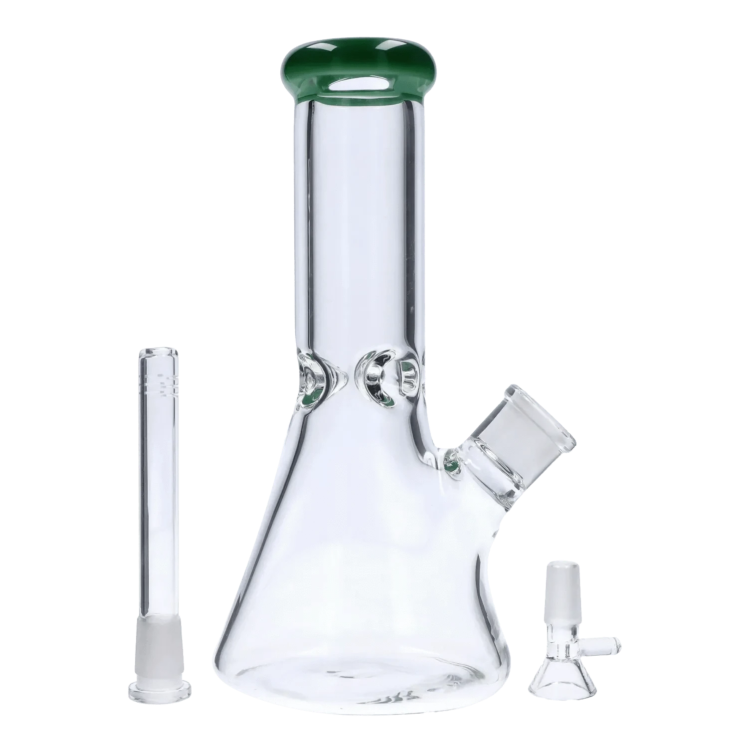 Close-up front view of the DHC Beaker with Color Mouthpiece & Ice Pinch Bong - 10 in., showing its clear glass beaker body, green rimmed mouthpiece, angled joint, and two removable glass accessories.
