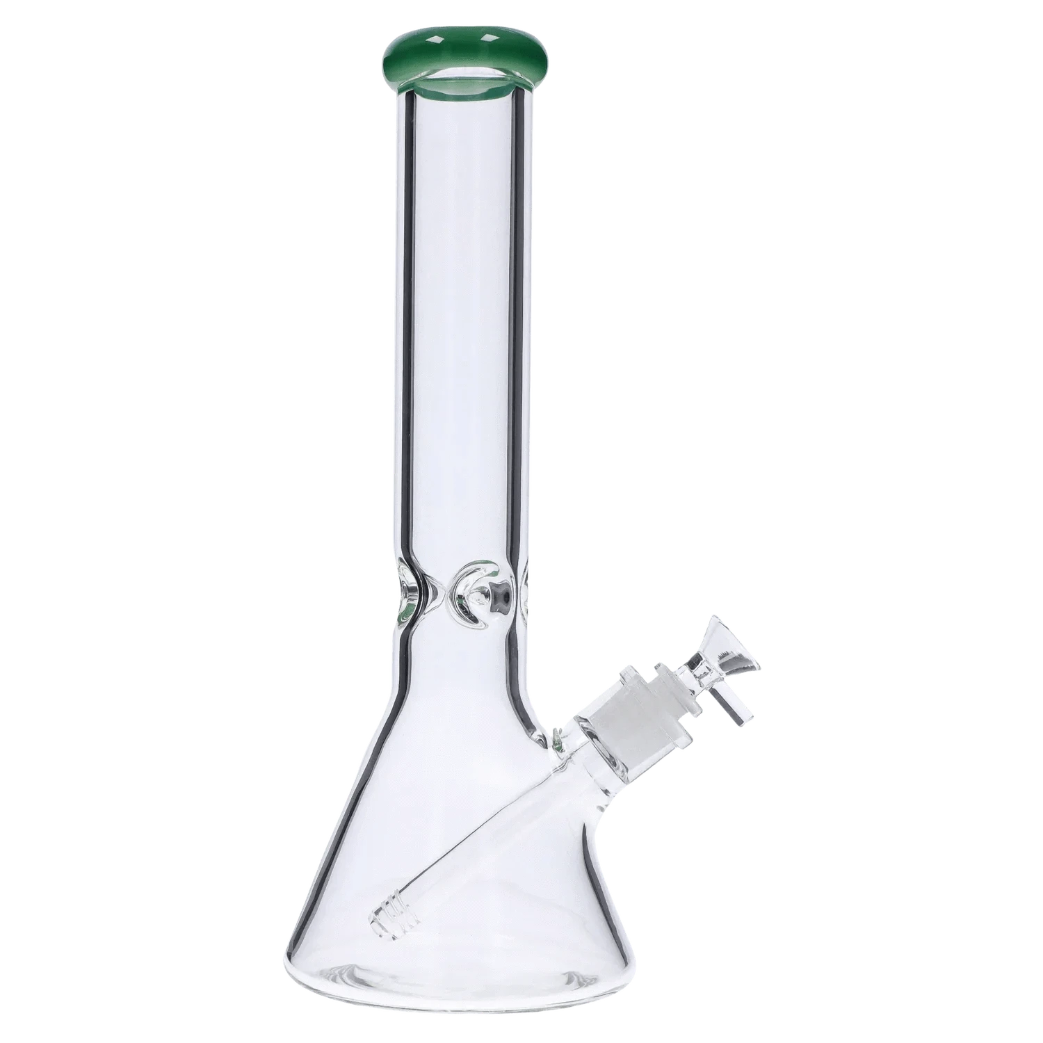 Straight-on view of the DHC Beaker with Color Mouthpiece & Ice Pinch Bong - 14 in., showing its clear glass beaker base, angled downstem, and green-tinted mouthpiece.