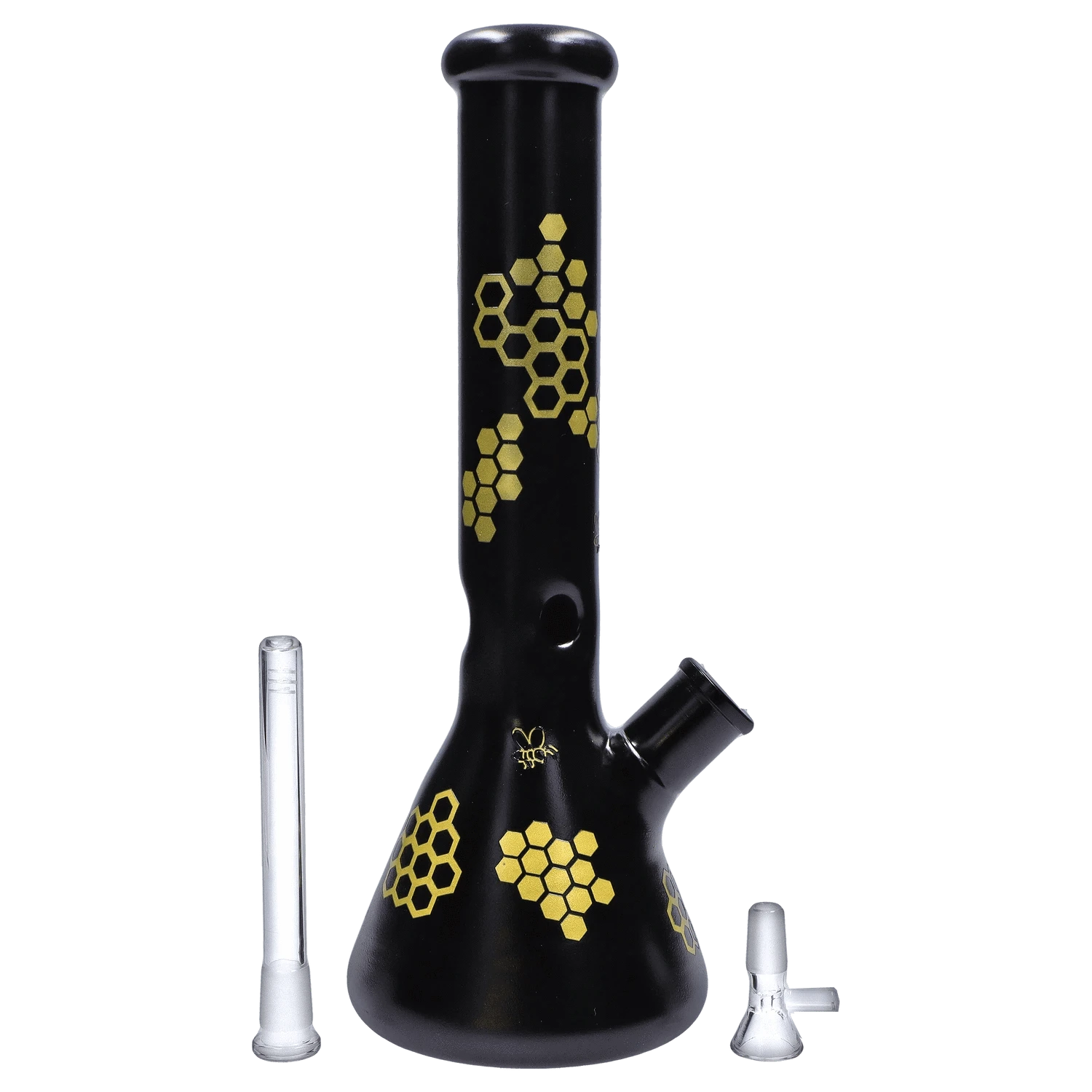 Front view of the black DHC Honeybee Beaker Bong - 14.7 in. with gold honeycomb decals on the neck and base against a neutral background