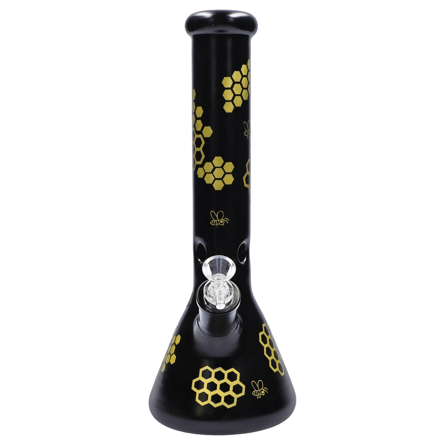 Front-facing view of the DHC Honeybee Beaker Bong - 14.7 in. showing its black neck and beaker base decorated with gold honeycomb and bee motifs.