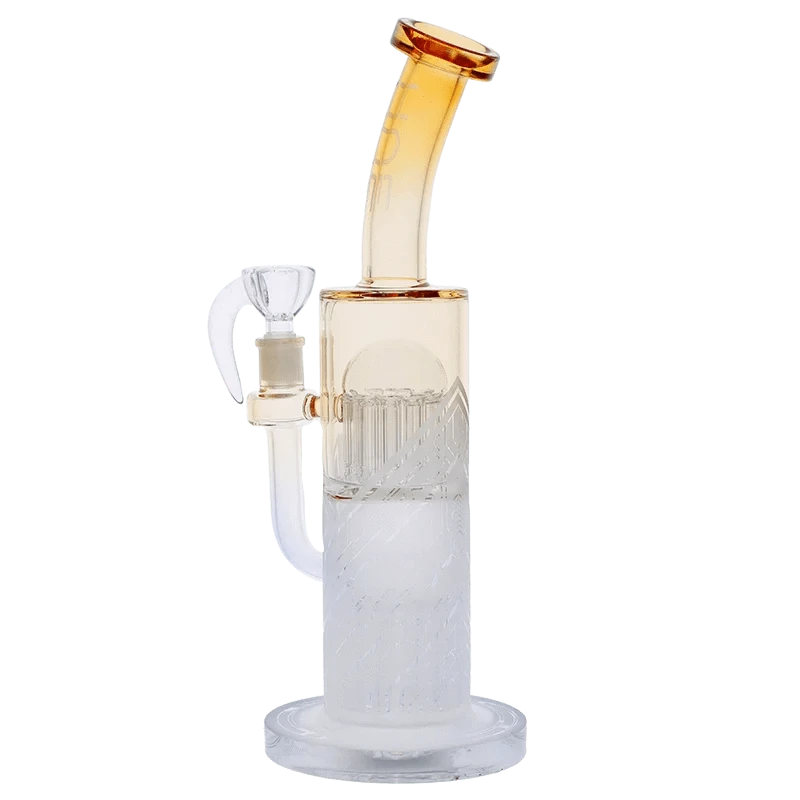 Studio image of the Hue Special Edition Bong - 13 in. in amber-tinted glass, shown upright with a curved neck, percolator chamber, and attached downstem on a white background