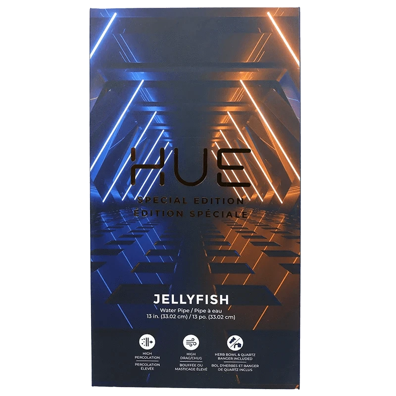 Front-centered view of the Hue Special Edition Bong - 13 in. "Jellyfish" packaging showing blue and orange futuristic light beams converging toward a reflective corridor.