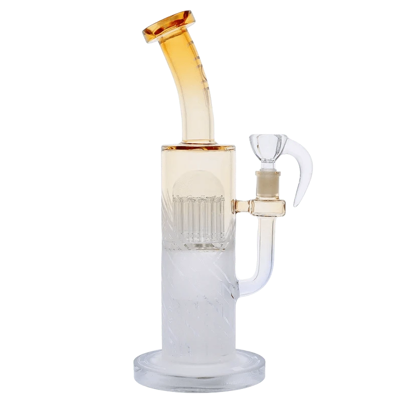 Front view of the Hue Special Edition Bong - 13 in. showing a frosted cylindrical base with amber-tinted bent neck and clear side mouthpiece.
