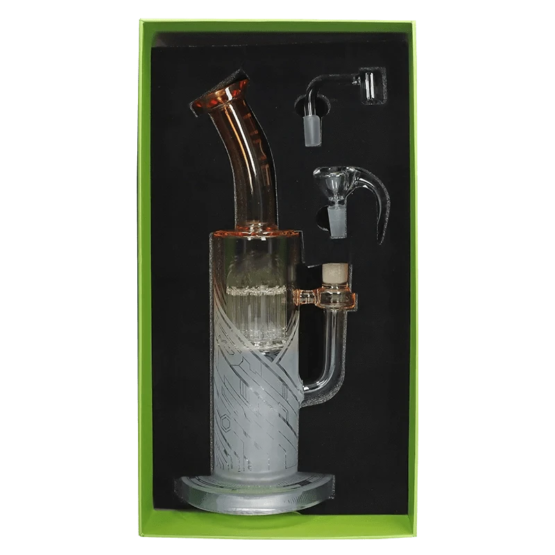 Top-down view of the Hue Special Edition Bong - 13 in. nestled in black foam with amber-tinged neck, etched glass base, and two detachable glass fittings.
