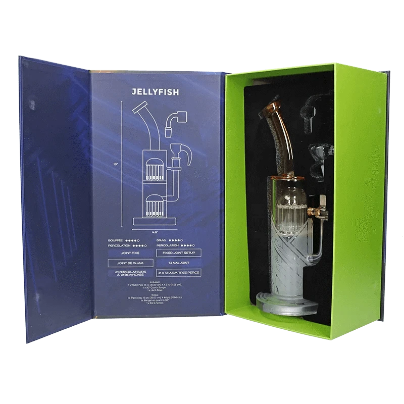 Right-side view of the Hue Special Edition Bong - 13 in. nestled in a lime-green box next to its blue instruction panel showing diagrams.