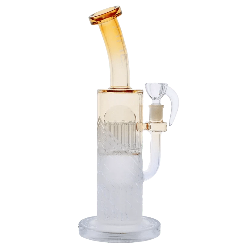 Studio-lit front view of the Hue Special Edition Bong - 13 in. showing a frosted base, amber bent neck, and side bowl.