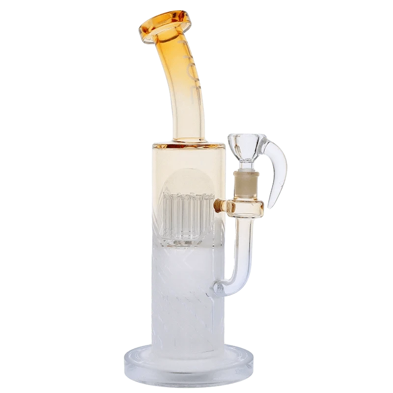 Front view of the Hue Special Edition Bong - 13 in. showing its frosted glass base, amber-tinted bent neck, and attached clear bowl.
