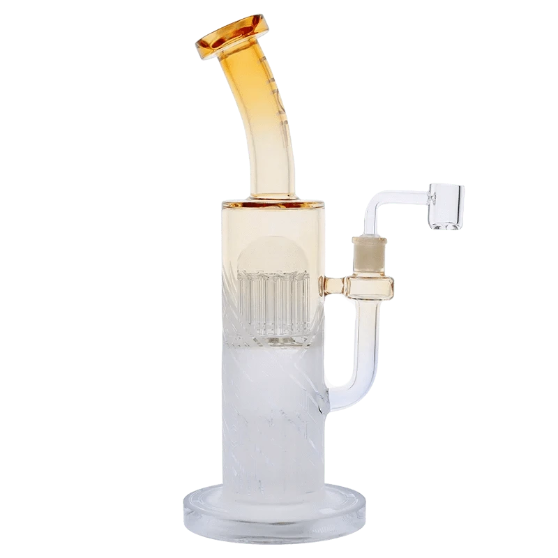 Front view of the Hue Special Edition Bong - 13 in. showing a frosted cylindrical base, amber-tinted bent neck, and clear side arm with banger.
