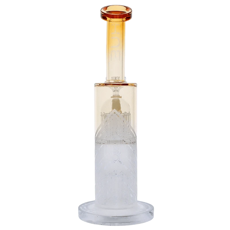 Straight-on view of the Hue Special Edition Bong - 13 in. showing its amber-tinted straight neck and patterned cylindrical base on a white background