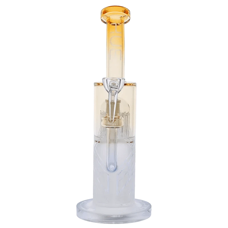 Straight-on view of the Hue Special Edition Bong - 13 in. with amber-tinted neck and clear cylindrical body showing its internal percolator details.