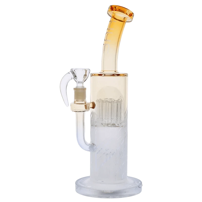 Angled studio shot of the Hue Special Edition Bong - 13 in. showing amber-tinted mouthpiece and clear glass percolator chamber on a white background