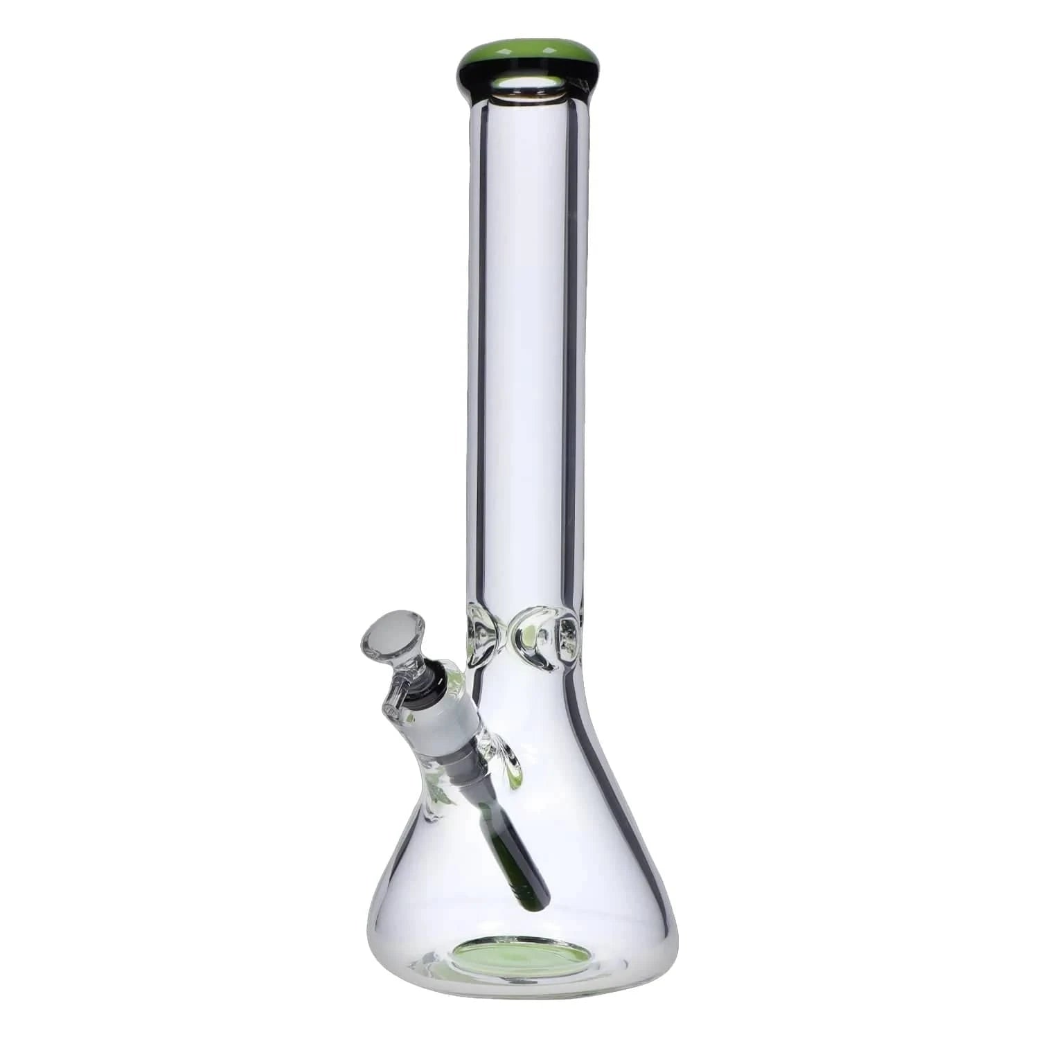 Centered front view of the DHC 9mm Beaker w/ Color Ring Bong - 16 in. showing its clear glass beaker base, straight neck, and green-rimmed mouthpiece.