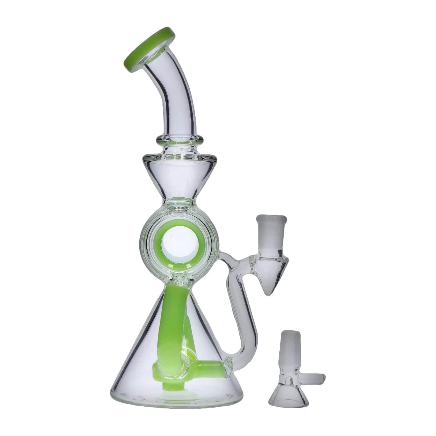 Angled close-up of the DHC Barrel w/ Circ Perc Bong - 7.5 in. showing clear glass with bright green accents and its detached bowl on a white background