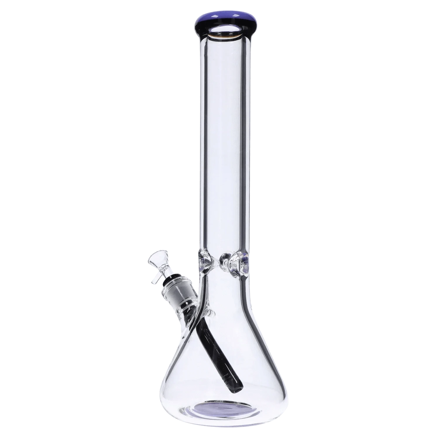 Center-frontal view of the DHC 9mm Beaker w/ Color Ring Bong - 16 in. showing its clear glass beaker base, straight neck, black downstem, and purple-tinted color ring on the mouthpiece