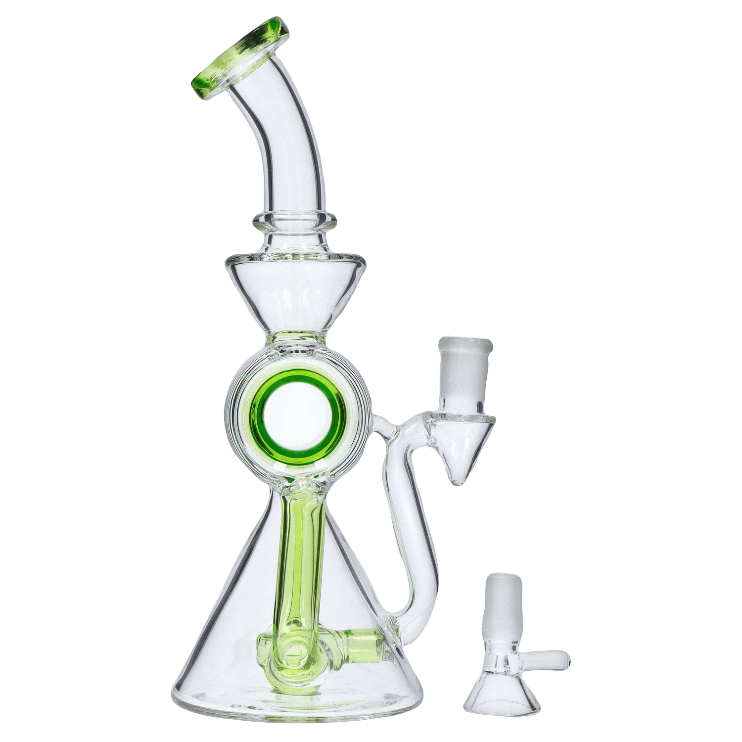 Angled close-up of the clear DHC Barrel w/ Circ Perc Bong - 7.5 in. showing its green-accented circular percolator, bent neck, and detachable bowl.