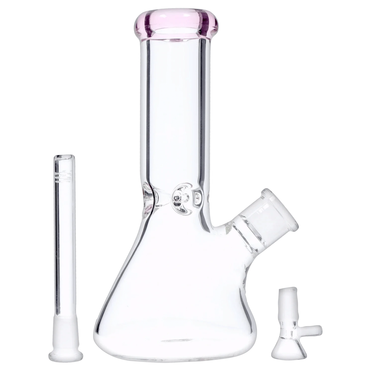 Close-up front view of the DHC Beaker with Color Mouthpiece & Ice Pinch Bong - 10 in., showing its clear glass body, pink-tinted rounded mouthpiece and angled joint against a white background