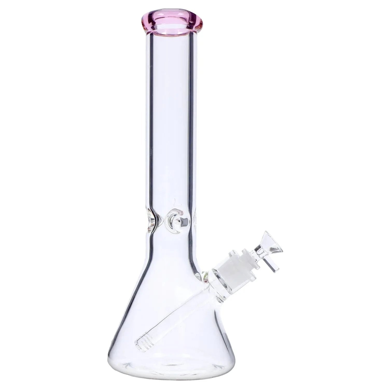 Three-quarter view of the clear glass DHC Beaker with Color Mouthpiece & Ice Pinch Bong - 14 in., showing its pink-rimmed mouthpiece, angled downstem and beaker base against a white background