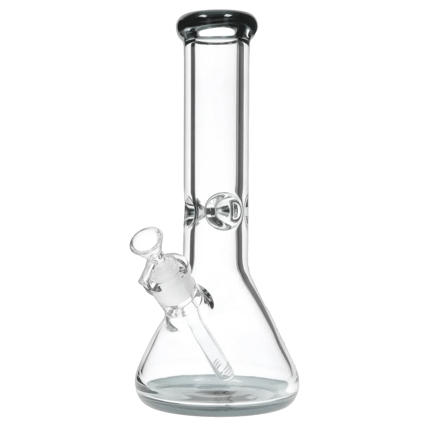 Front-facing shot of the DHC 9mm Big Base Beaker w/ Color Accents Bong - 12 in., clear glass beaker with angled downstem and rounded mouthpiece.