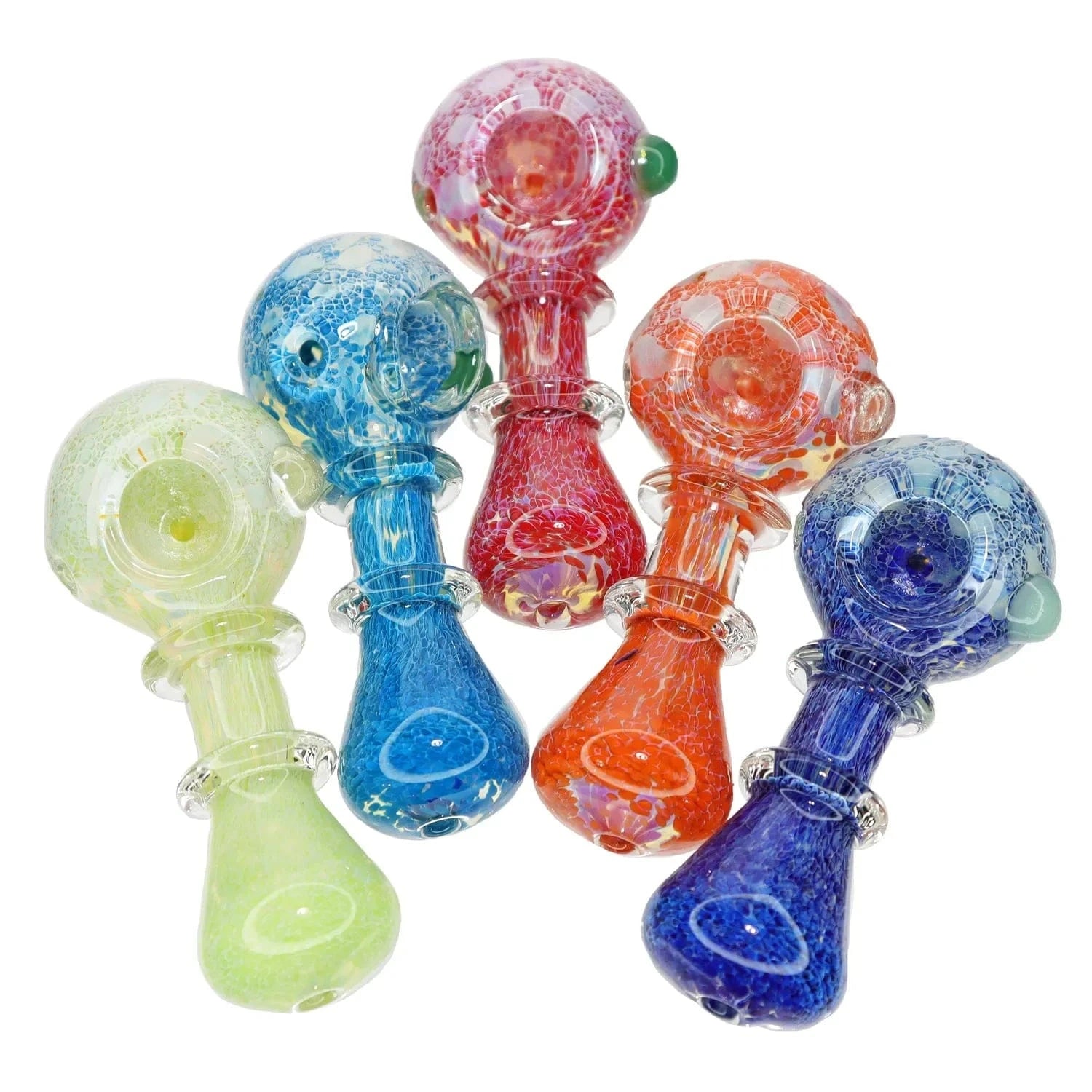 Top-down view of six colorful DHC Colorful Spoon with Grips Pipe hand pipes fanned in a semicircle, showing red, blue, orange, green and purple speckled glass finishes and clear grip rings.