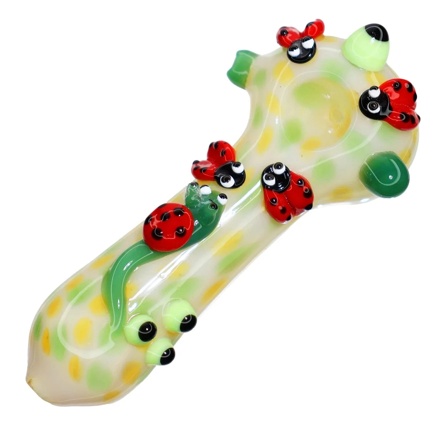 Angled close-up of the DHC Fancy Ladybug and Snail Spoon Pipe - 6 in., showing a pale green glass body with raised red ladybug and green snail decorations.