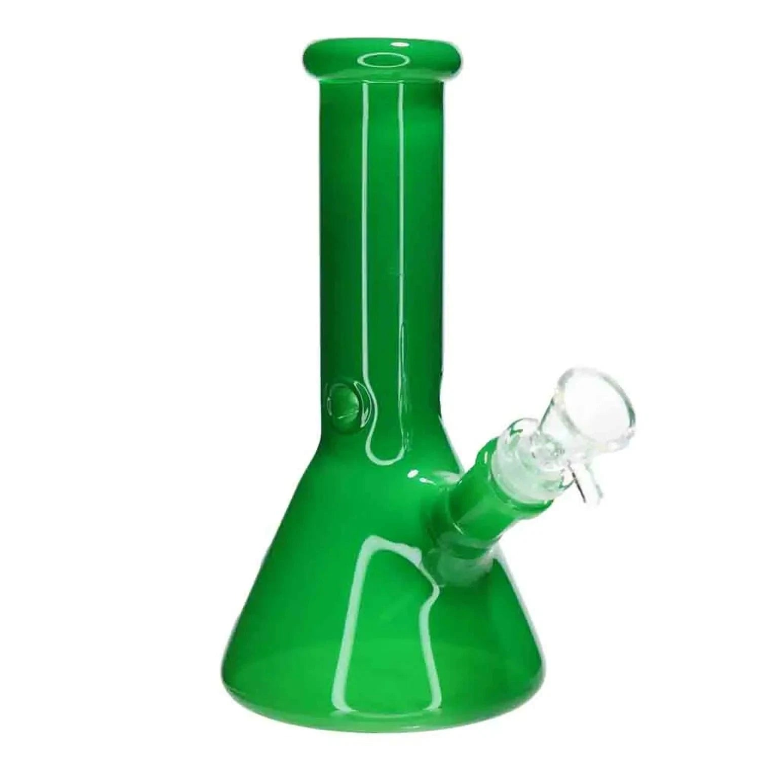 Three-quarter view of the green DHC Milky Beaker Bong - 8 in., showing its flared beaker base, straight neck, and clear glass bowl angled to the right.