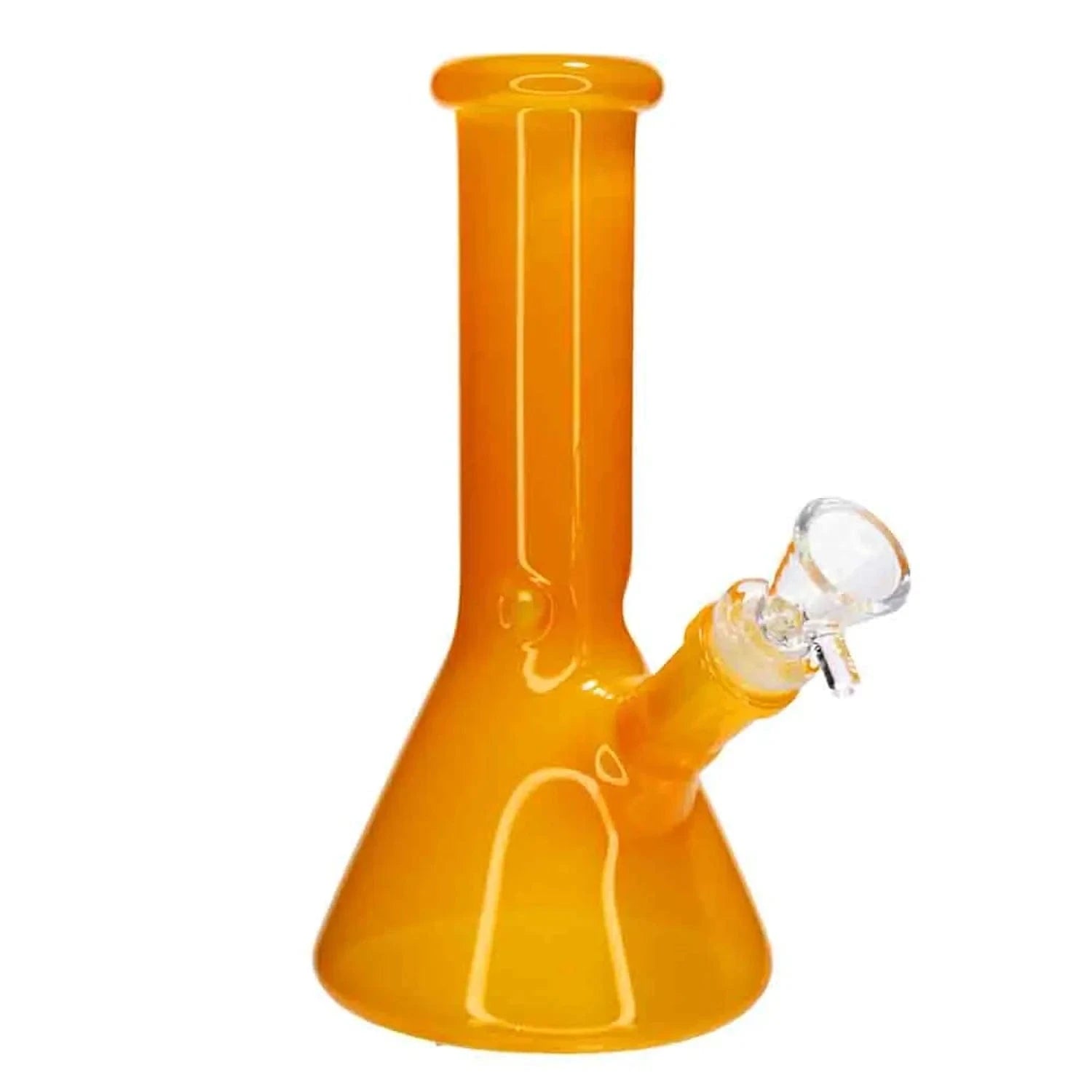 Close-up front view of the DHC Milky Beaker Bong - 8 in. showing its glossy orange beaker base and straight neck with a clear glass bowl.