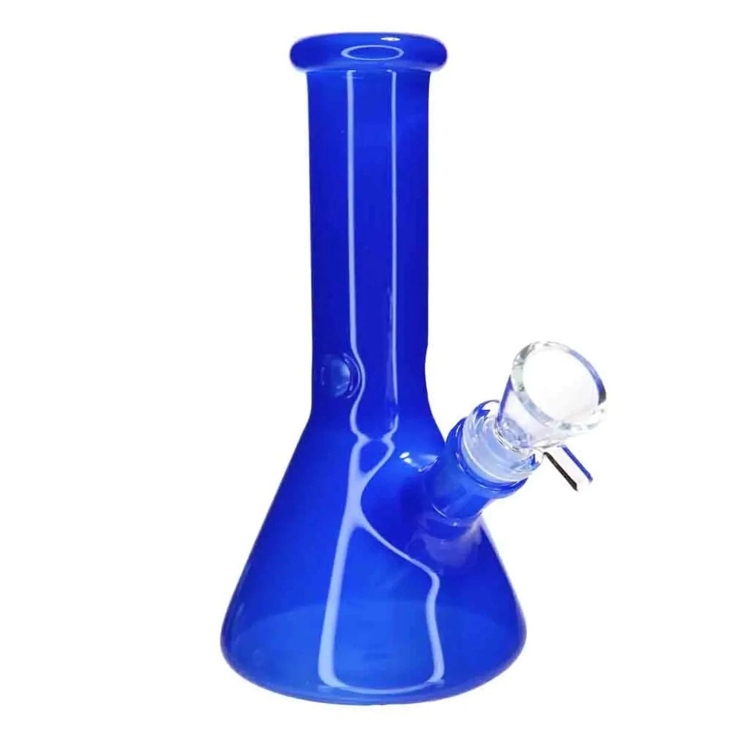 Close-up front view of the blue DHC Milky Beaker Bong - 8 in. showing its tall neck, beaker base, and clear glass bowl angled forward.