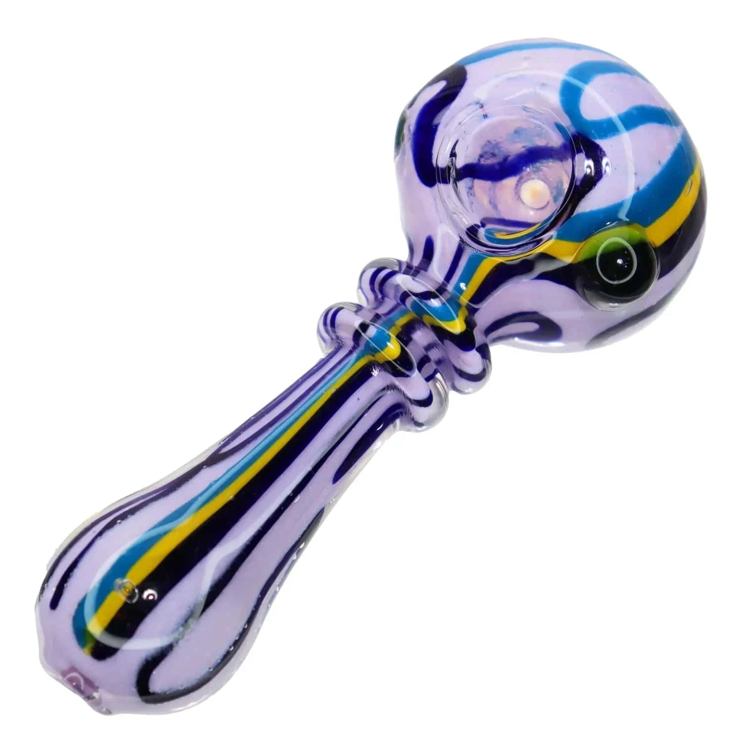 Angled close-up of the colorful glass bowl and handle of the DHC Rasta Slime Colorful Glass Pipe - 4 in., showing purple glass with blue, yellow, and black swirls on a white background
