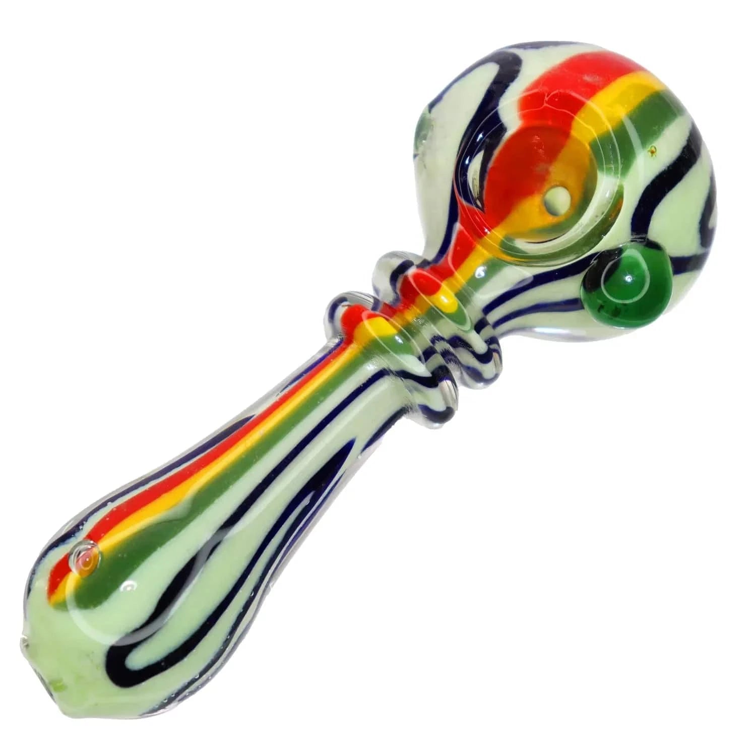 Angled close-up of the colorful 4 in. DHC Rasta Slime Colorful Glass Pipe showing rainbow stripes and black swirls on a pale green glass body.