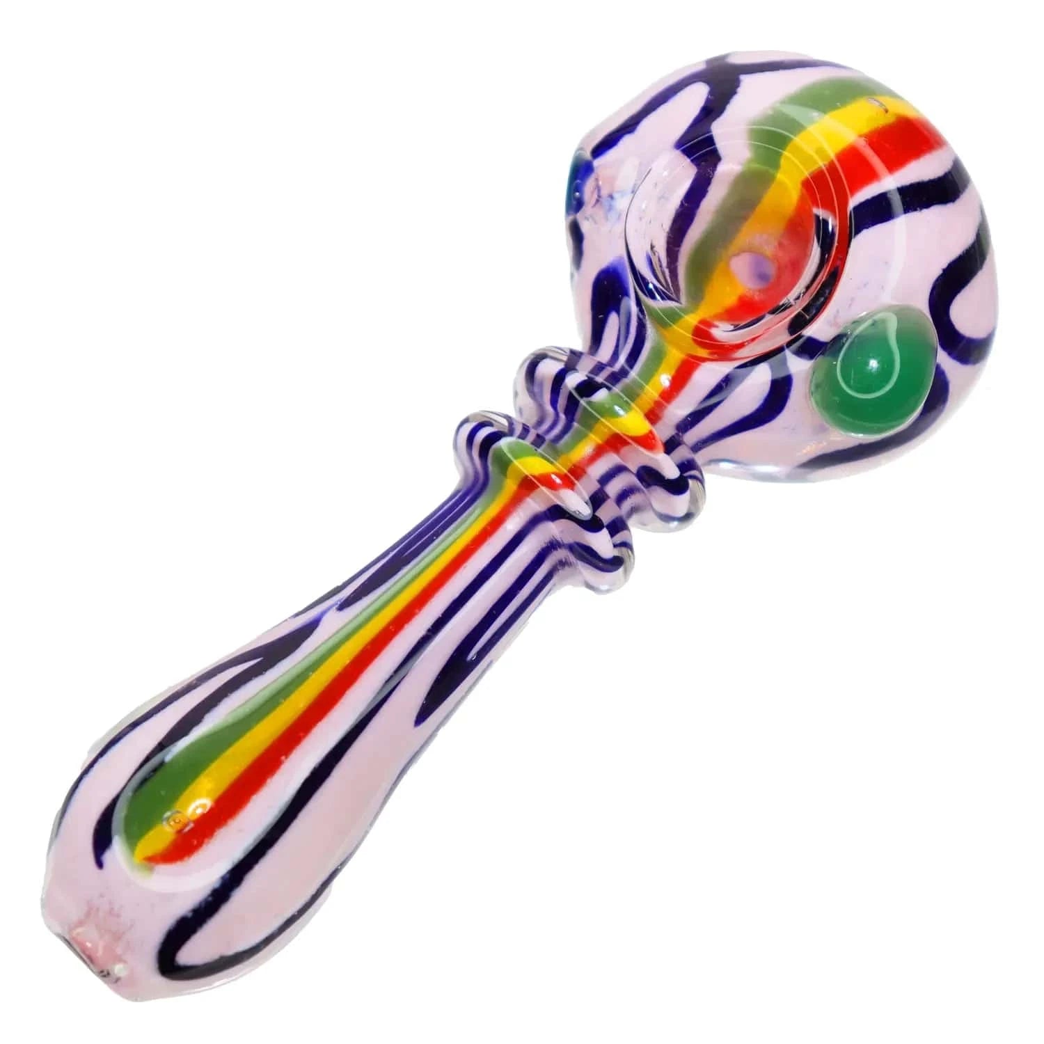 Angled close-up of the DHC Rasta Slime Colorful Glass Pipe - 4 in., showing its striped rainbow and navy swirl pattern and green accent on a white background