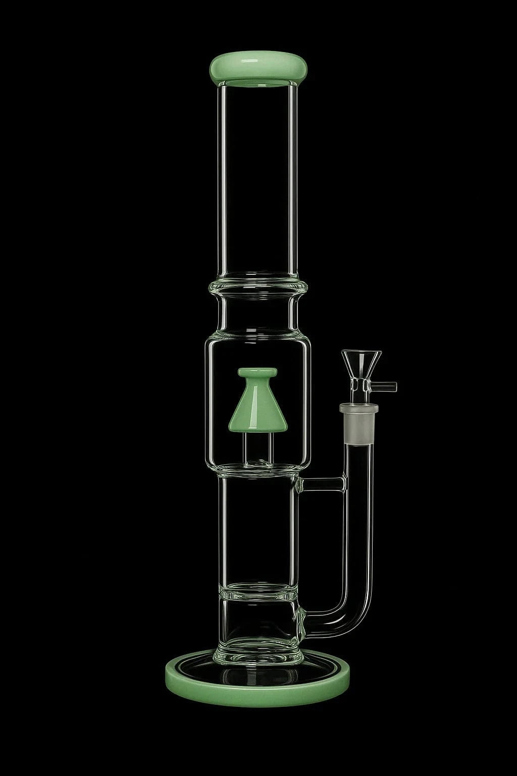 Centered front view of the DHC Straight Tube with Stacked Percs Bong - 17 in., shown in clear glass with pale green rim, mouthpiece, and inner percolator against a black background