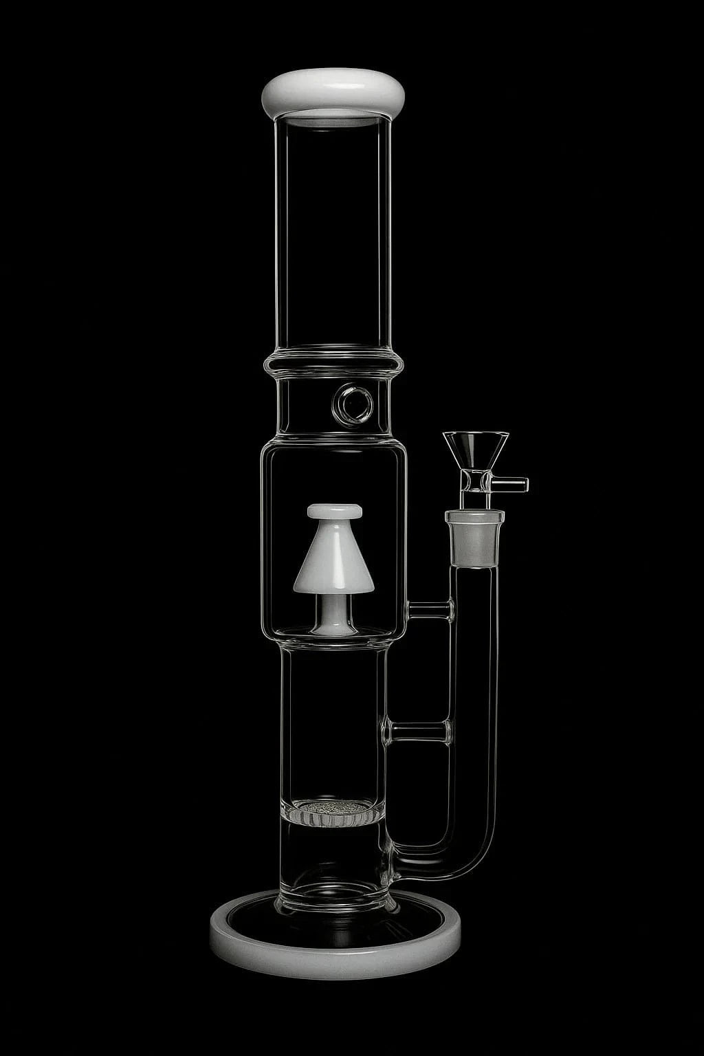 Straight-on studio shot of the DHC Straight Tube with Stacked Percs Bong - 17 in., clear glass with white-rimmed mouthpiece and base against black.