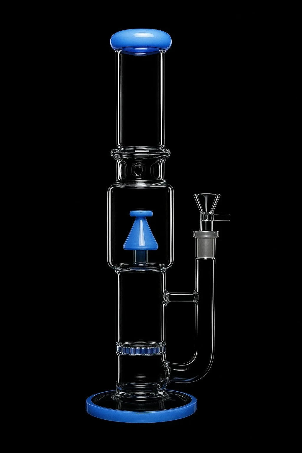 Straight-on studio view of the DHC Straight Tube with Stacked Percs Bong - 17 in., clear glass with blue mouthpiece, base ring, and stacked cone perc visible against black.