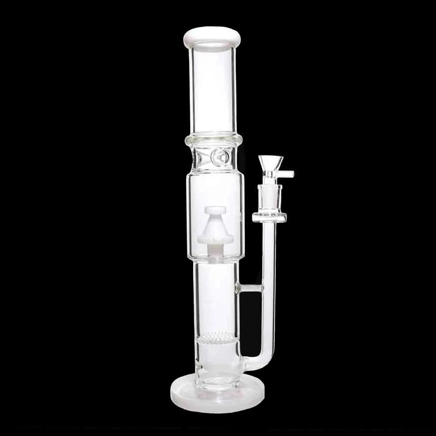 Straight-on view of the clear glass DHC Straight Tube with Stacked Percs Bong - 17 in., centered against a black background.