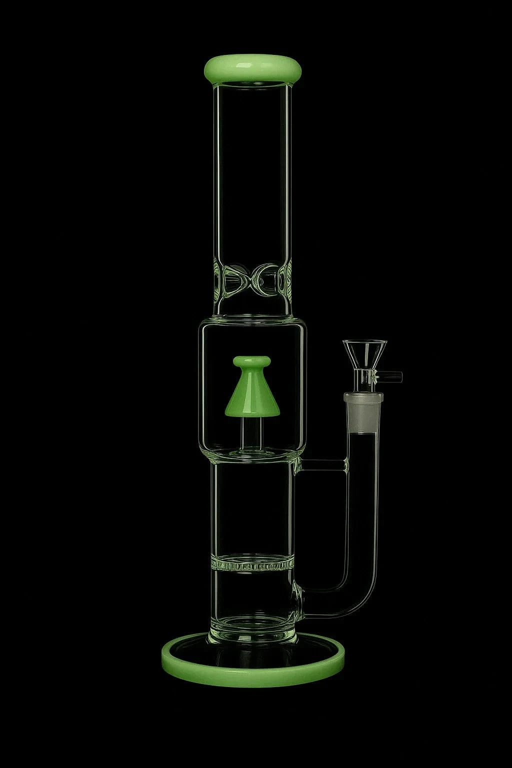 Centered front view of the DHC Straight Tube with Stacked Percs Bong - 17 in., lit to show clear glass with green rim, percolator and base against a black background