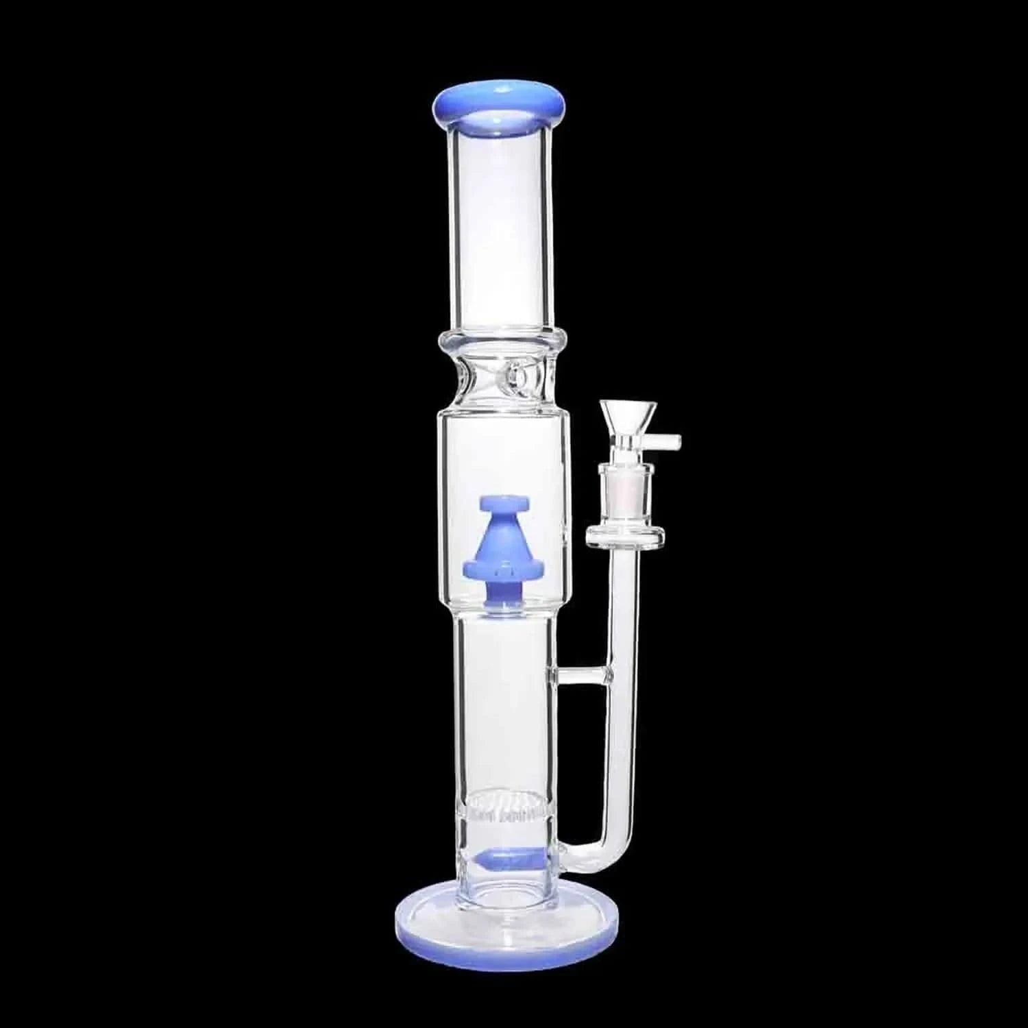Side view of the DHC Straight Tube with Stacked Percs Bong - 17 in., photographed against a black background showing clear glass tubing with pale jade-blue rim, base, and stacked perc accents.