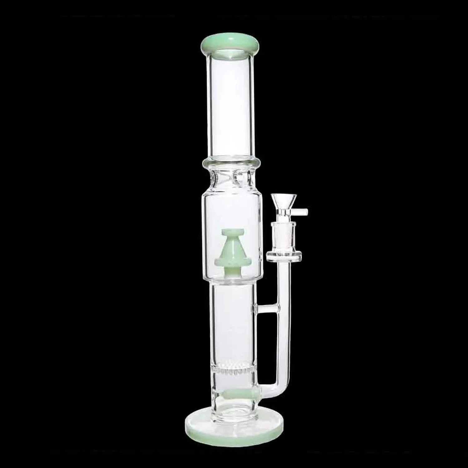 Vertical studio shot of the DHC Straight Tube with Stacked Percs Bong - 17 in. showing clear glass, mint-green accents on the mouthpiece, percolator, and base against a black background