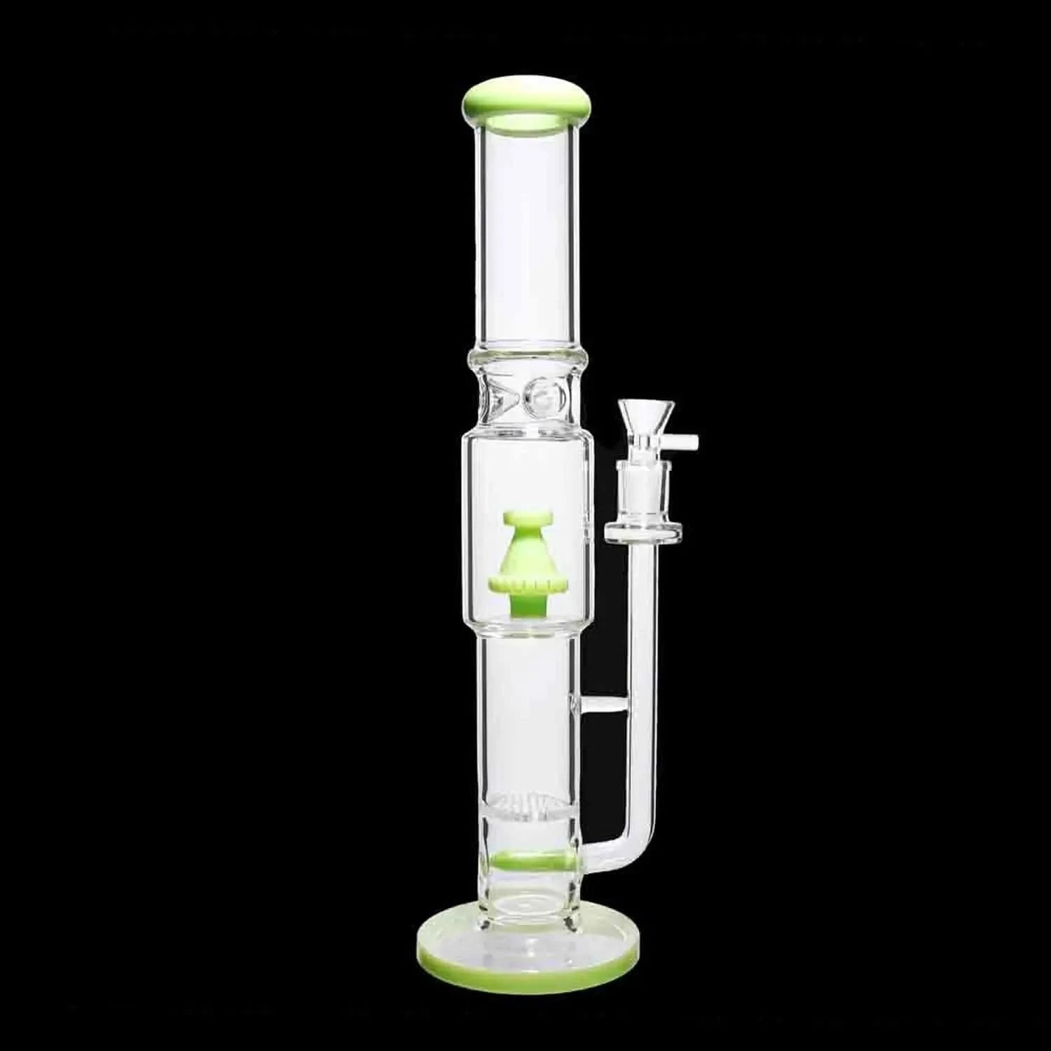 Studio-lit front view of the DHC Straight Tube with Stacked Percs Bong - 17 in., clear glass with jade blue accents and stacked percolators.