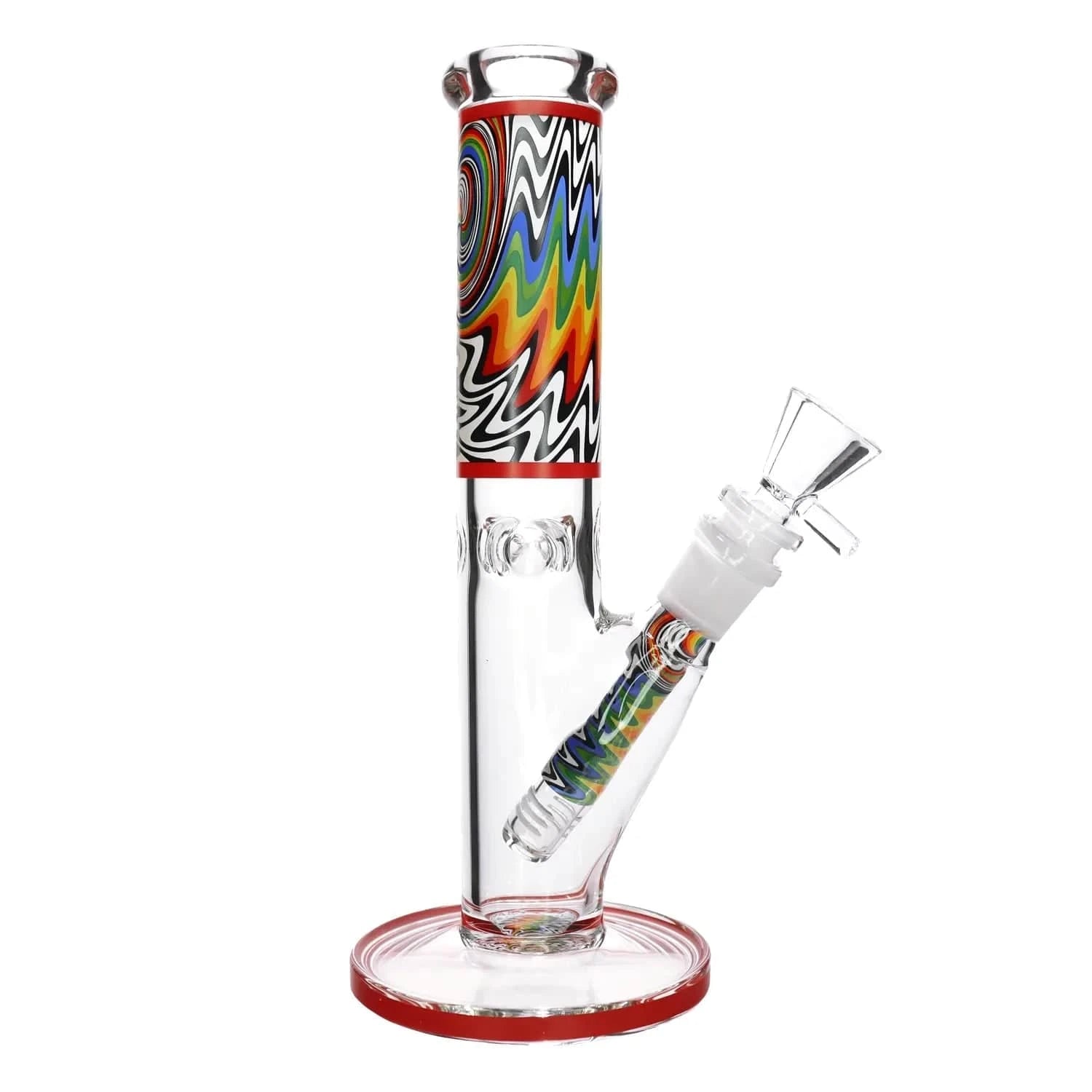 Centered close-up of the DHC Wig Wag Straight Tube Bong showing its vertical clear glass tube with colorful zigzag wag pattern.