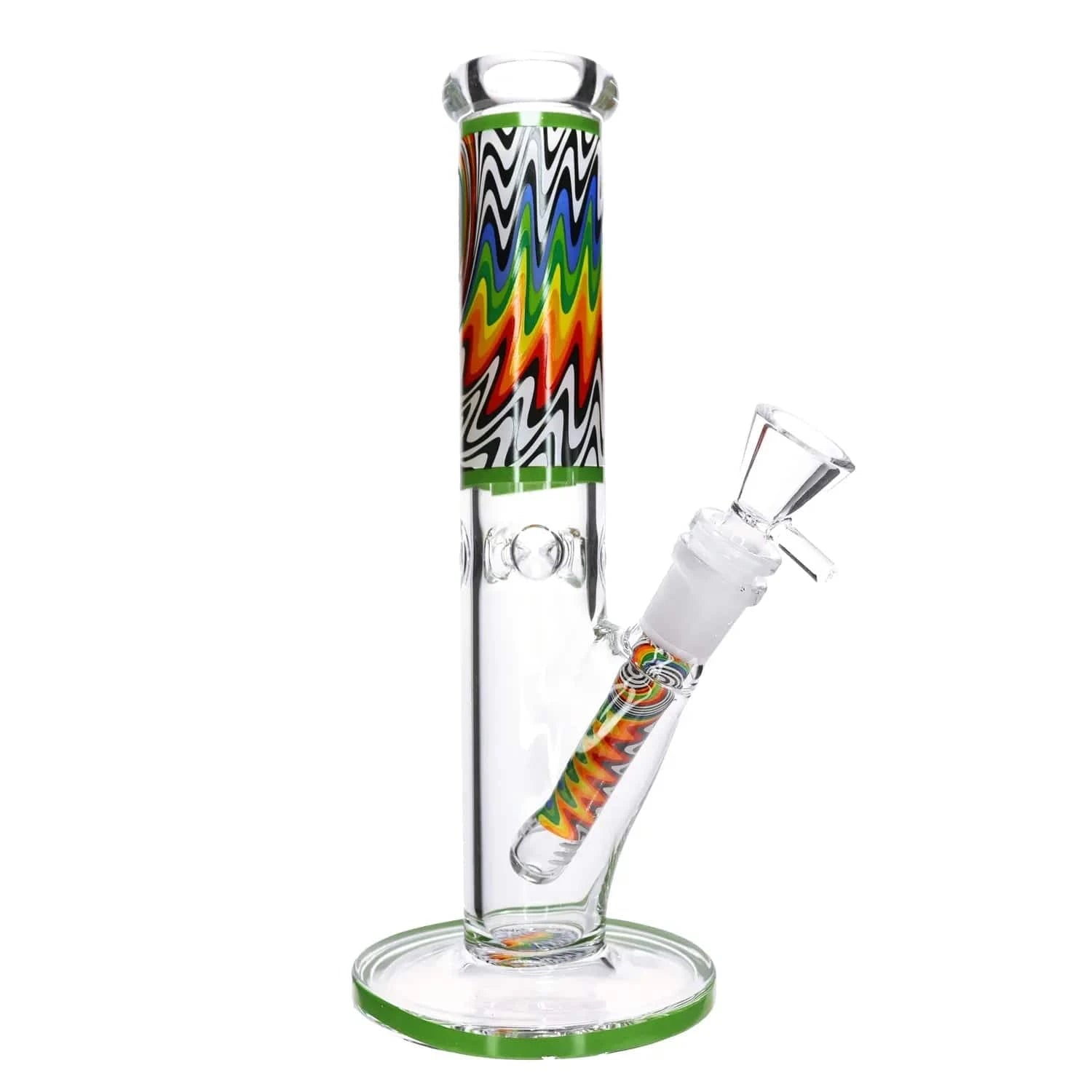 Close-up front view of the DHC Wig Wag Straight Tube Bong showing its upright clear glass tube with a colorful zigzag wig-wag pattern.