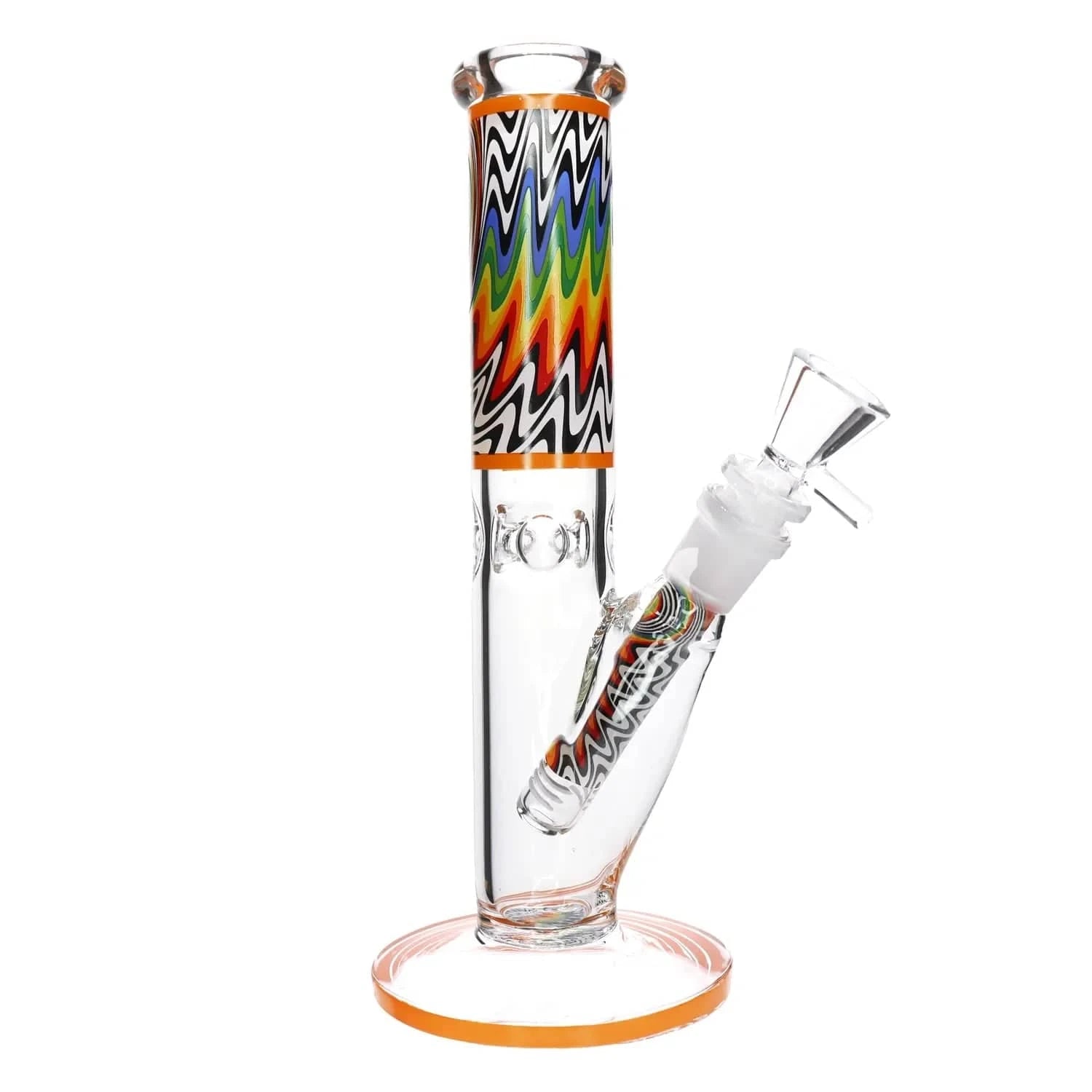 Close-up front view of the DHC Wig Wag Straight Tube Bong showing its upright clear glass tube with a colorful zigzag wig-wag pattern band and orange-rimmed base.