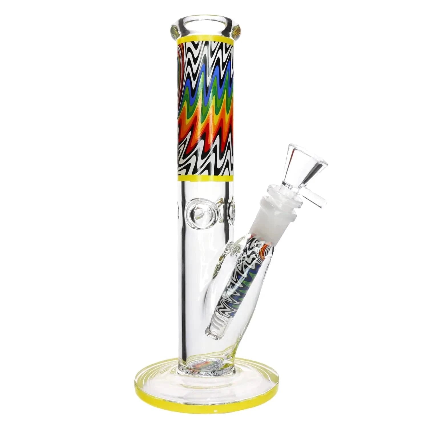 Close-up, slightly angled view of the DHC Wig Wag Straight Tube Bong showing its clear glass body with a colorful zigzag wig-wag band and yellow-rimmed base.