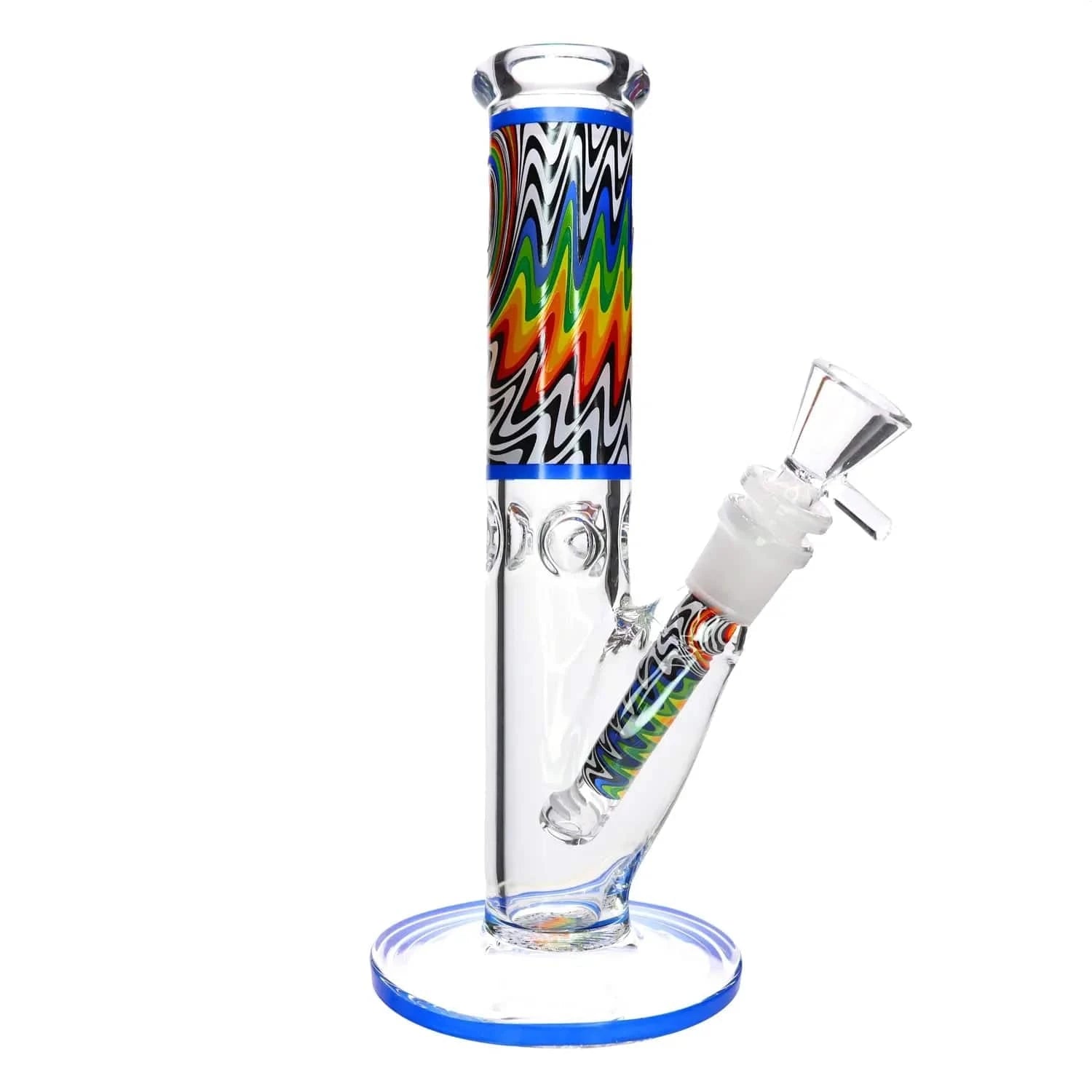 Close-up front view of the DHC Wig Wag Straight Tube Bong showing its colorful zigzag wig-wag pattern on the straight neck and downstem against a white background.