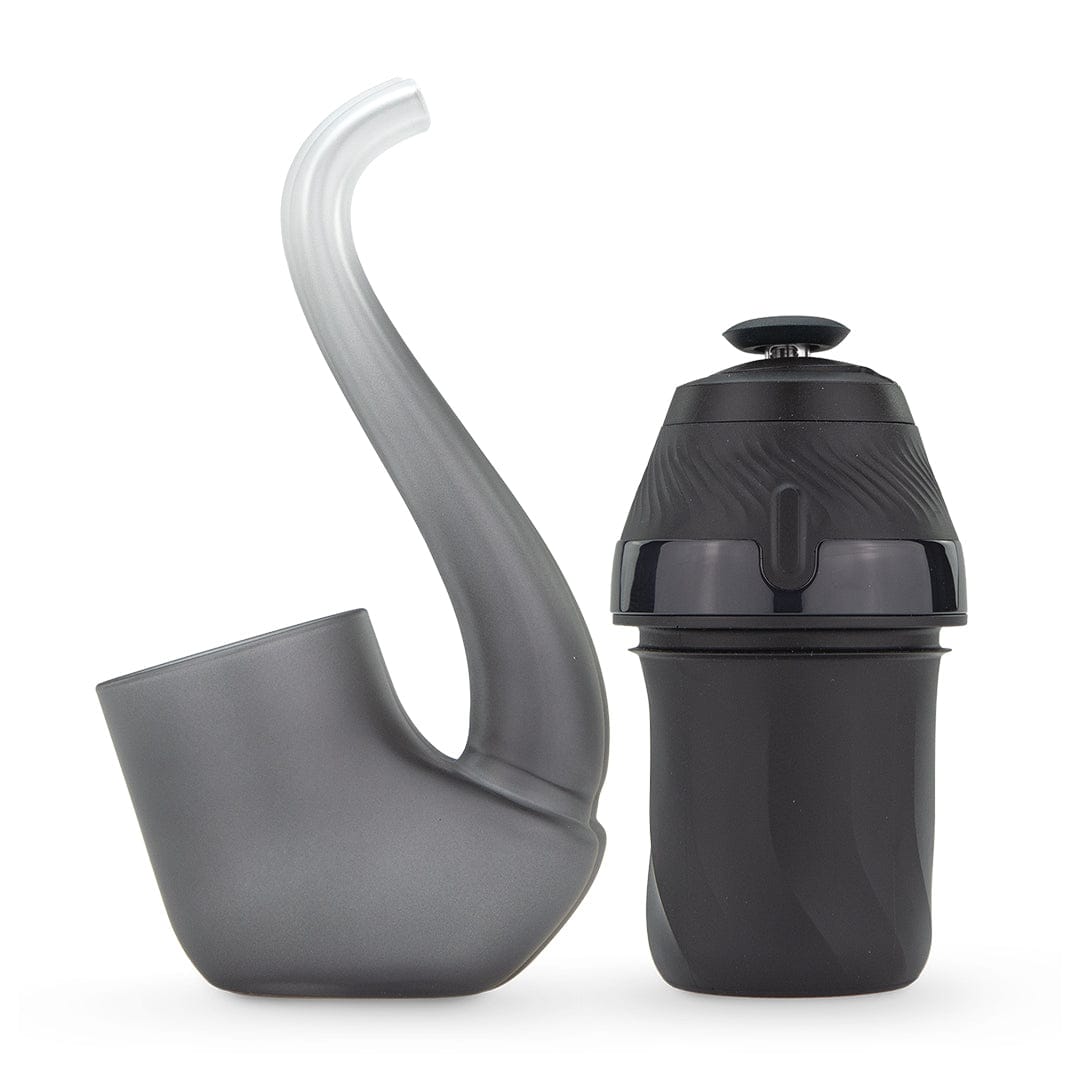 Front-facing studio shot of the Puffco New Proxy Vaporizer showing its matte gray curved glass attachment beside the textured black battery chamber on a white background.